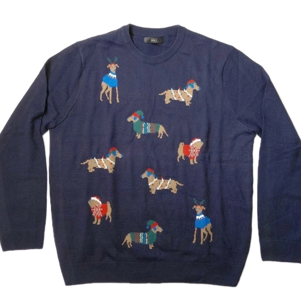 M&S Marks & Spencer Dog Crew Neck Christmas Men's Jumper Sweater Blue Size XL